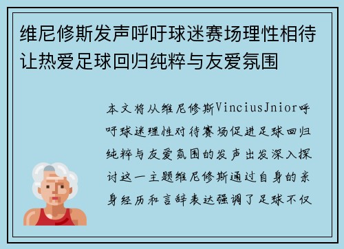 维尼修斯发声呼吁球迷赛场理性相待让热爱足球回归纯粹与友爱氛围