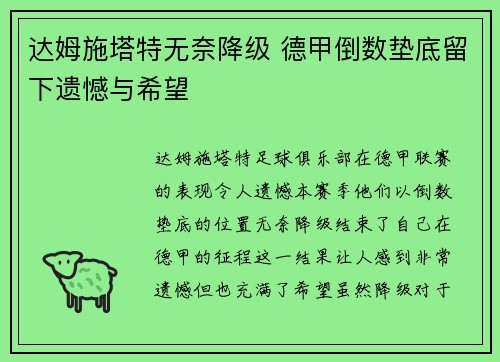 达姆施塔特无奈降级 德甲倒数垫底留下遗憾与希望
